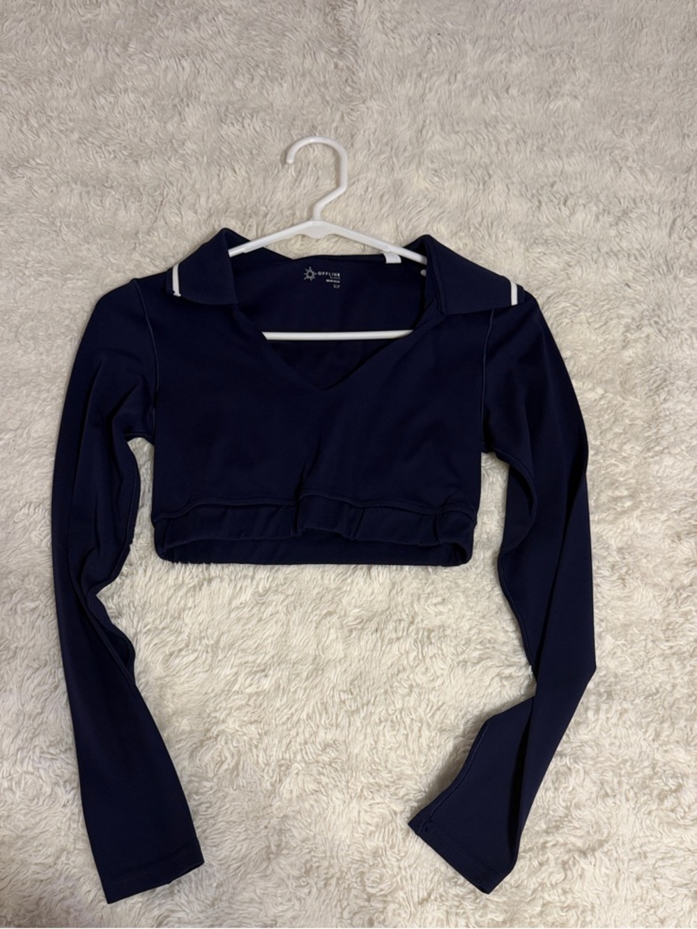 AERIE OFFLINE Cropped Navy Long-Sleeve V-Neck Top with Sailor Collar